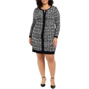 INC Black & White Geometric Patterned Long Sleeve Fitted Dress Size 1X